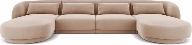 Divano panoramico Tulum di Cosmopolitan Design in velluto beige, modello a L reversibile con 5 posti e cuscini inclusi, L/P/H: 330 x 144 x 70 cm