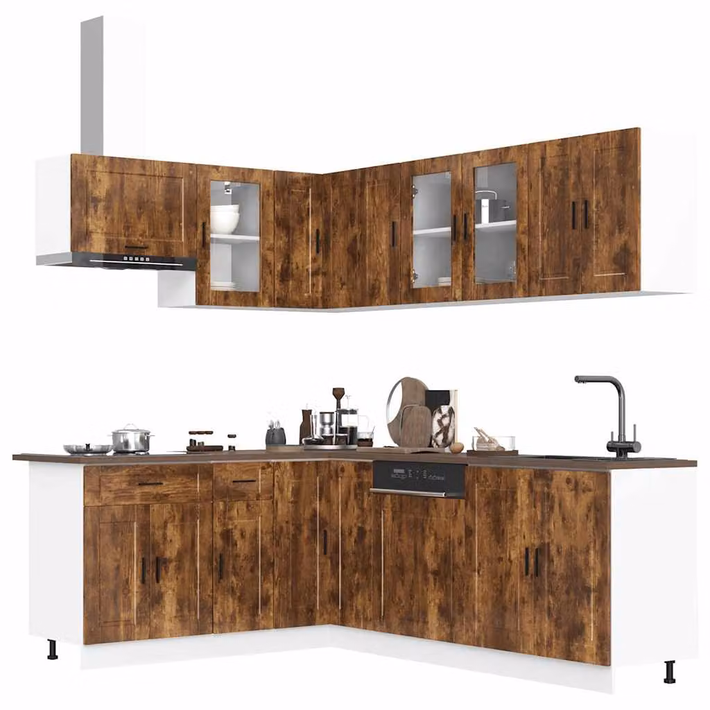 Set di mobili da cucina moderno vidaXL composto da 11 pezzi in colore marrone con finitura opaca e dettagli in legno e vetro