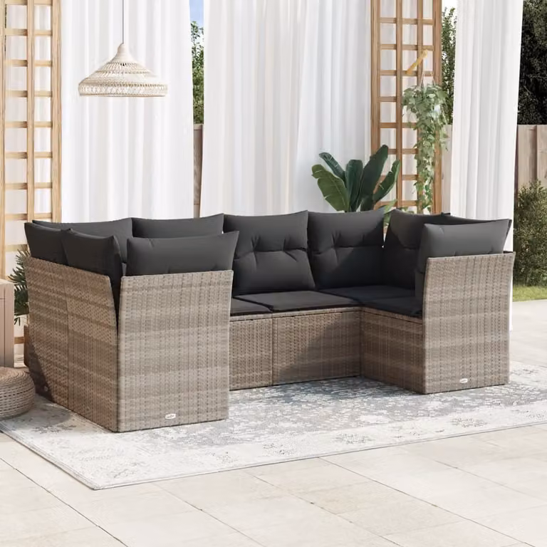 Set Divano da Giardino vidaXL 6pz a Forma di L in Polyrattan Grigio con Cuscini Imbottiti e Coperture Rimosse