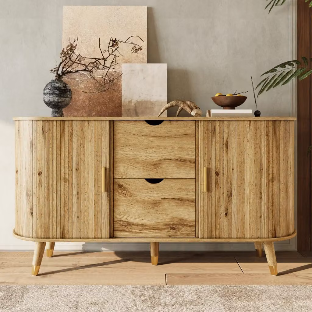 Credenza e madia moderna in MDF naturale color beige e marrone con 2 cassetti, ante con venatura verticale e ripiani aperti regolabili, L 140 cm x P 40 cm x H 79.5 cm – 2