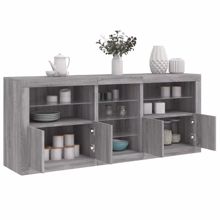 Credenza moderna vidaXL con luci LED in legno e MDF, colore Grigio Sonoma, L: 181,5 cm, P: 37 cm, H: 67 cm