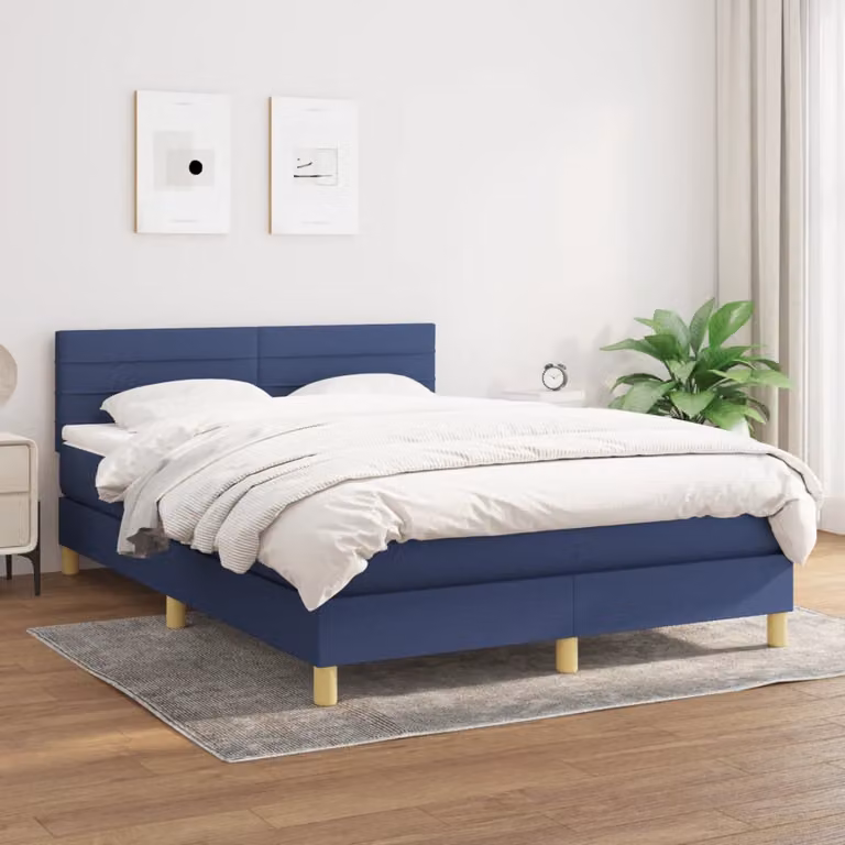 vidaXL Giroletto a Molle con Materasso Ibrido in Tessuto Blu e Bianco L: 140 cm, P: 190 cm