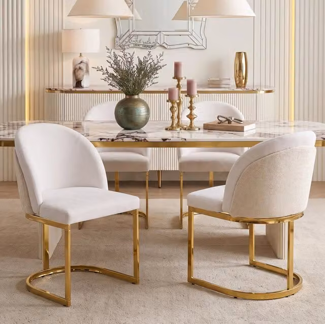 Set di 2 sedie da pranzo con doppio schienale 66;5 x 56;49 x 54;99 cm in chenille beige e oro