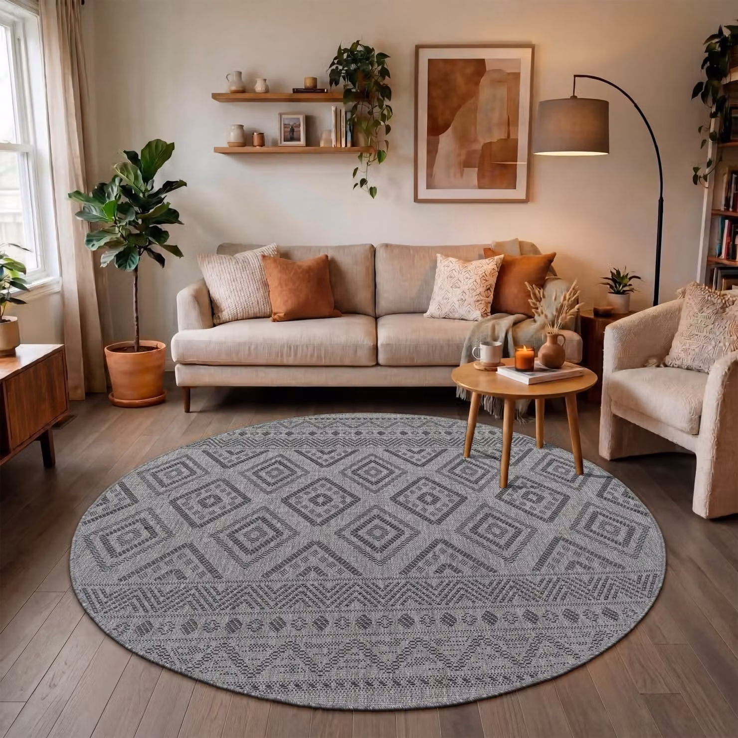 Tappeto rotondo Verona per interni ed esterni in stile boho, antracite e beige, diametro: 80 cm – 2