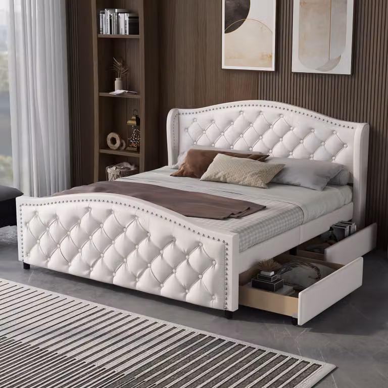Letto imbottito Merax 140x200cm con rete a doghe e 2 cassetti, letto matrimoniale con contenitore, letto contenitore in Pelle finta struttura letto in legno letto per giovani, bianco