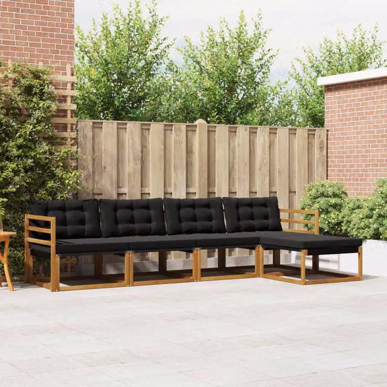 Set di divani da esterno vidaXL 5 pezzi in legno di acacia e textilene, composizione a L con divano a 2 posti, elemento angolare e pouf, colore marrone e nero