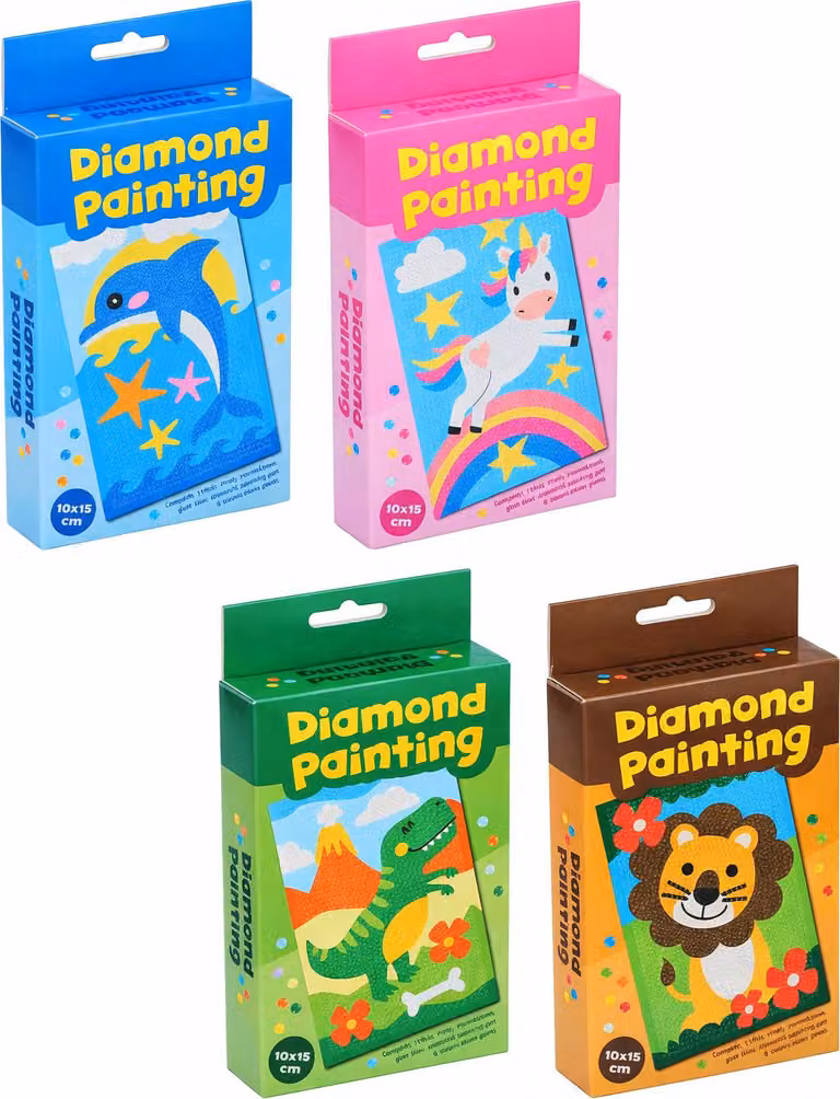 Set di 4 scatole per pittura a diamante per bambini (10x15 cm, dinosauro)