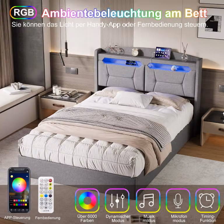 UnboxG Letto imbottito 140x190cm con USB e Type-C, letto matrimoniale per ragazzi con LED, letto contenitore idraulico con rete a doghe, grigio lino