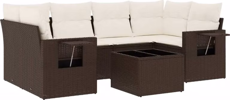 Set Divani da Giardino 7 pz con Cuscini Marrone in Polyrattan