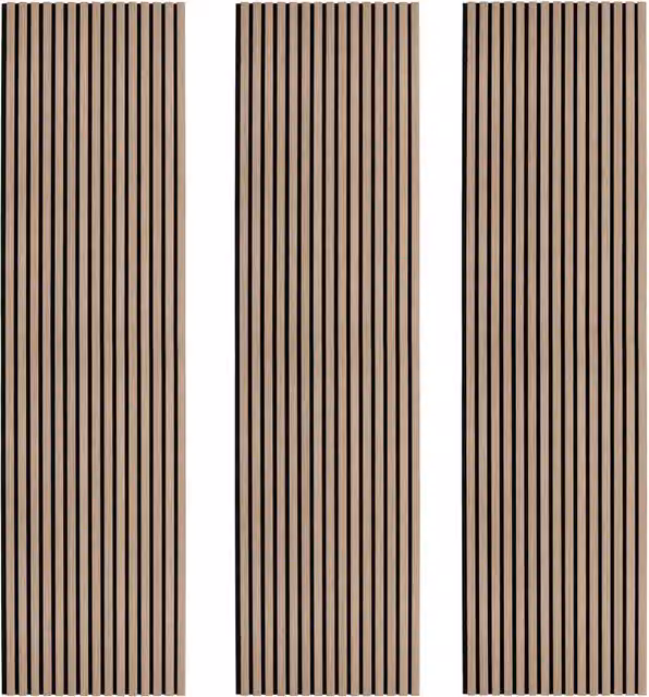 Set di 3 Pannelli Fonoassorbenti 3D con Doghe in Legno Colore Noce Chiaro, Montaggio a Parete, L: 60 cm, H: 240 cm – 1