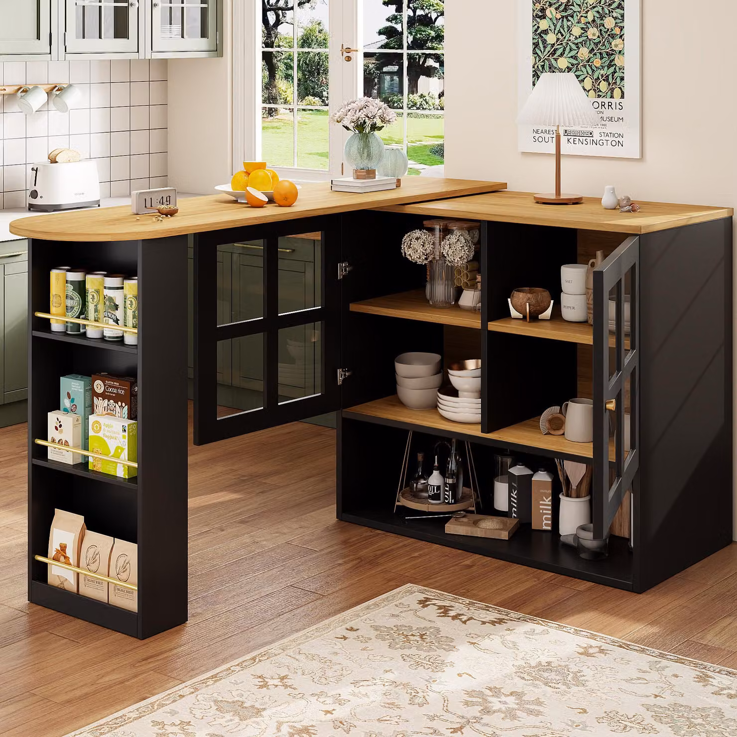 Tavolino bar Stilvora con spazio contenitore, tavolo girevole a 360° con ripiano per snack, mobiletto laterale/buffet con ripiani e vetri