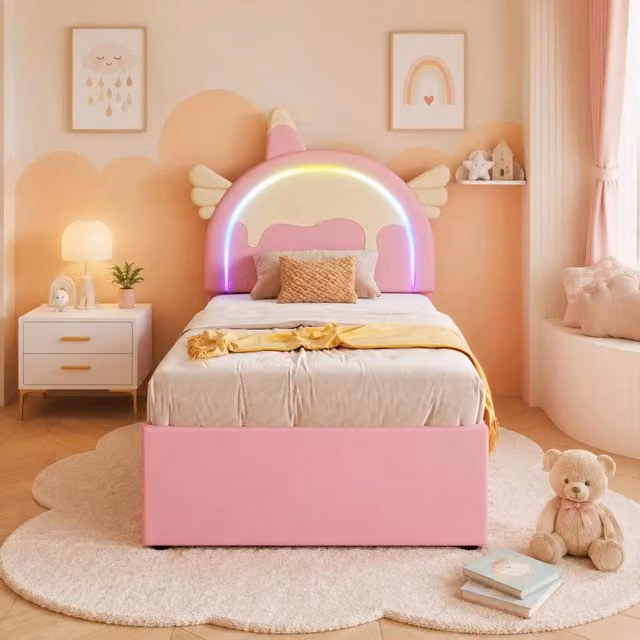 Letto per bambini a forma di unicorno ULEVR 90x200 cm con letto estraibile e cassetti, rivestimento in PU rosa
