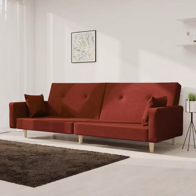 Divano Letto Click-Clack a 2 Posti vidaXL in Tessuto Rosso con Cuscini e Struttura in Legno Solido