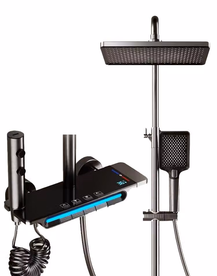 Sistema doccia con termostato, colore nero, display LED per la temperatura, montaggio a parete