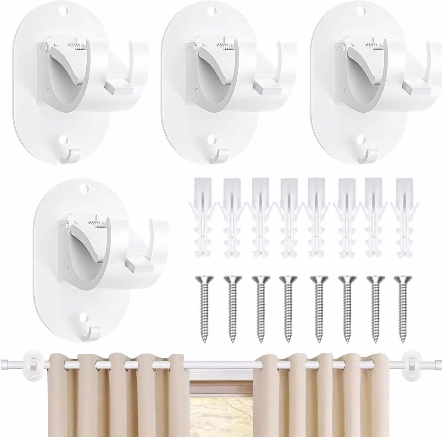 Ganci adesivi per tende, 2 pezzi, regolabili, adatti per tende con diametro massimo di 4 cm, colore bianco