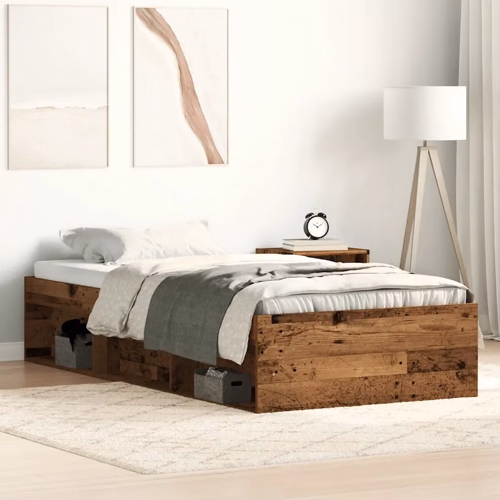 Letto singolo in legno di pino color marrone con doghe piatte fisse e scomparti laterali L: 75 cm, P: 193 cm, H: 35 cm – 2