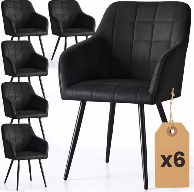 Set di 6 Sedie imbottite con cuciture quadrate LUXANO Nero gambe nere