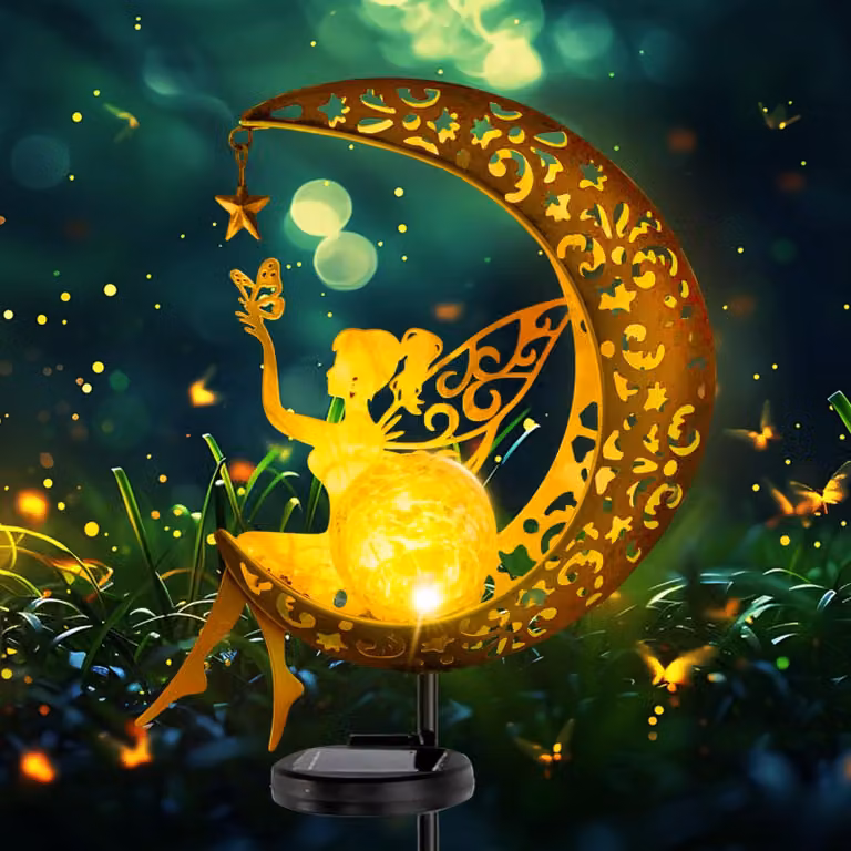 Lampada solare da giardino a forma di luna, 85 cm, stile vintage, realizzata in vetro e metallo, impermeabile