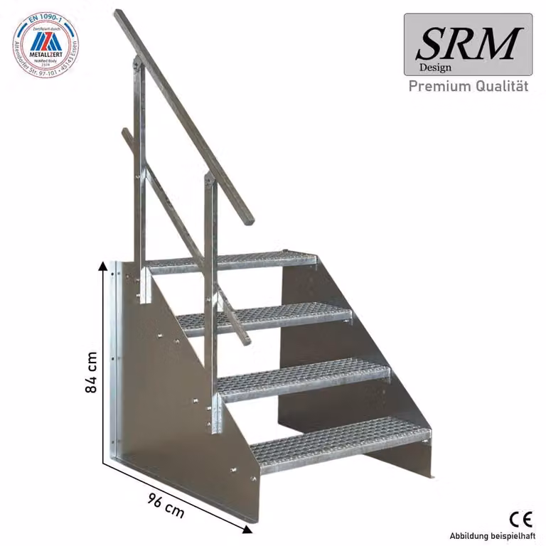 Scala a pioli autoportante a 4 gradini, modello 1, zincata, larghezza 70 cm, altezza 84 cm. 1 corrimano angolare
