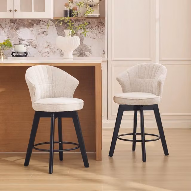 Sgabello da bar girevole moderno WISHDOR in tessuto beige con schienale e poggiapiedi