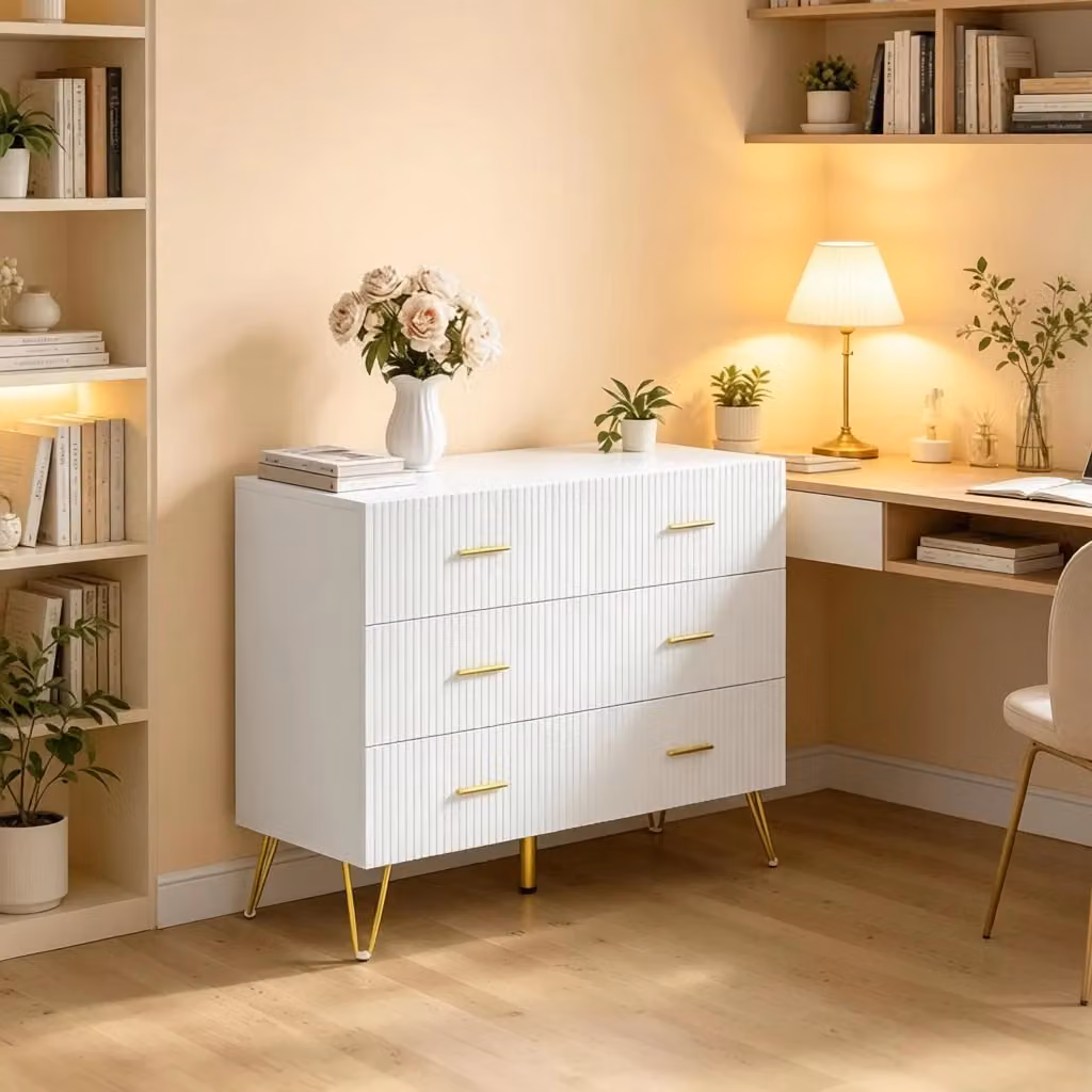 Cassettiera MIVRAY con 6 cassetti in bianco e oro con piedi in metallo L 100 cm, P 40 cm, H 75 cm – 2