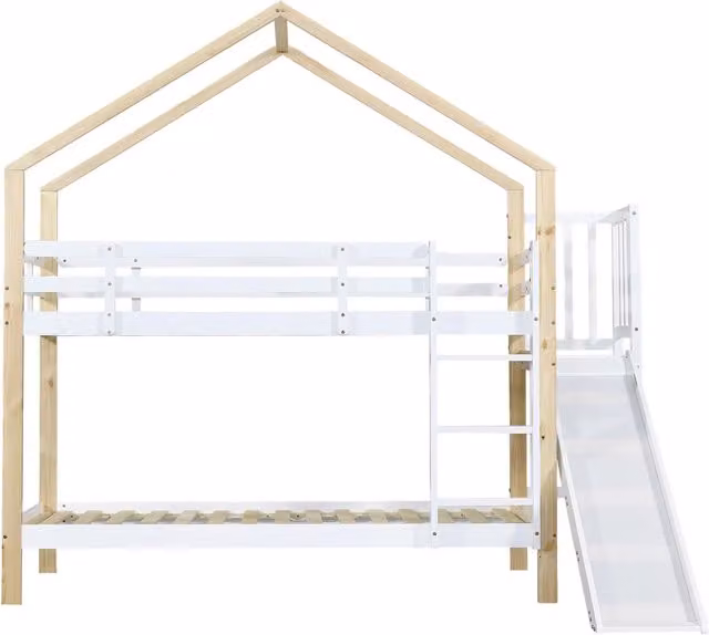 Letto a castello a forma di casa con scivolo e scala angolare a tre gradini, struttura in legno massello di pino, 90x200 cm, bianco e naturale