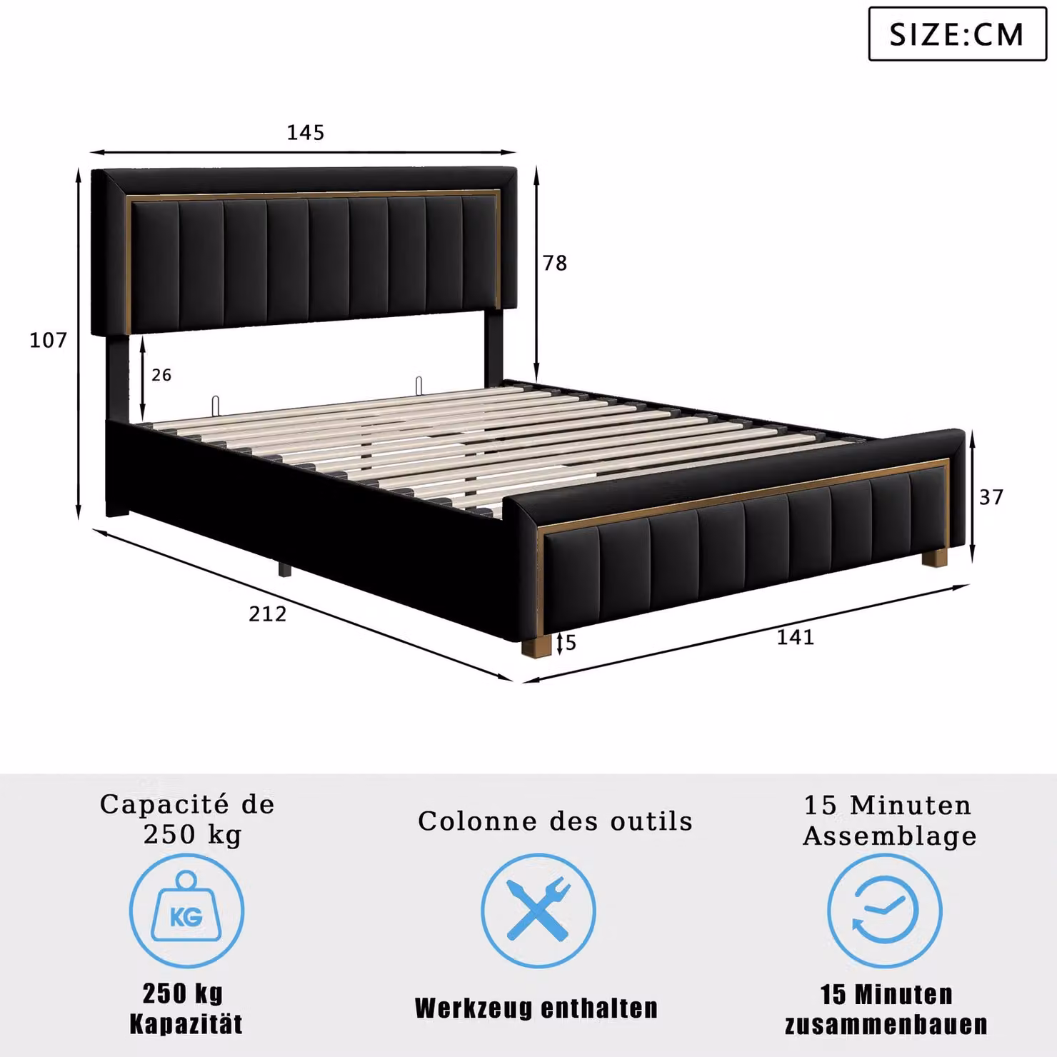 Letto imbottito - Letto con spazio contenitore ad apertura idraulica - Struttura a rete - Testiera a righe verticali - Tessuto in velluto - Dimensioni: 140 x 200 cm - Colore: nero