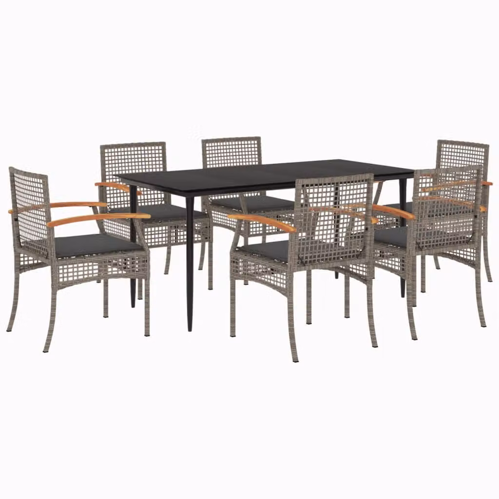 Set da Pranzo da Giardino 7 pz con Cuscini in Polyrattan Grigio