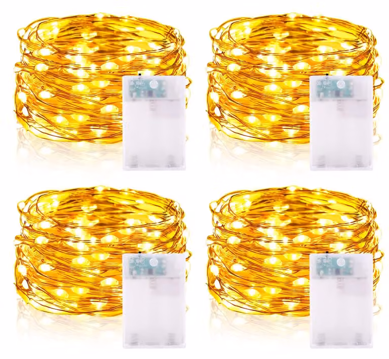 Catena luminosa da 5 metri, con 50 LED, timer, luce bianco caldo, confezione da 4 pezzi