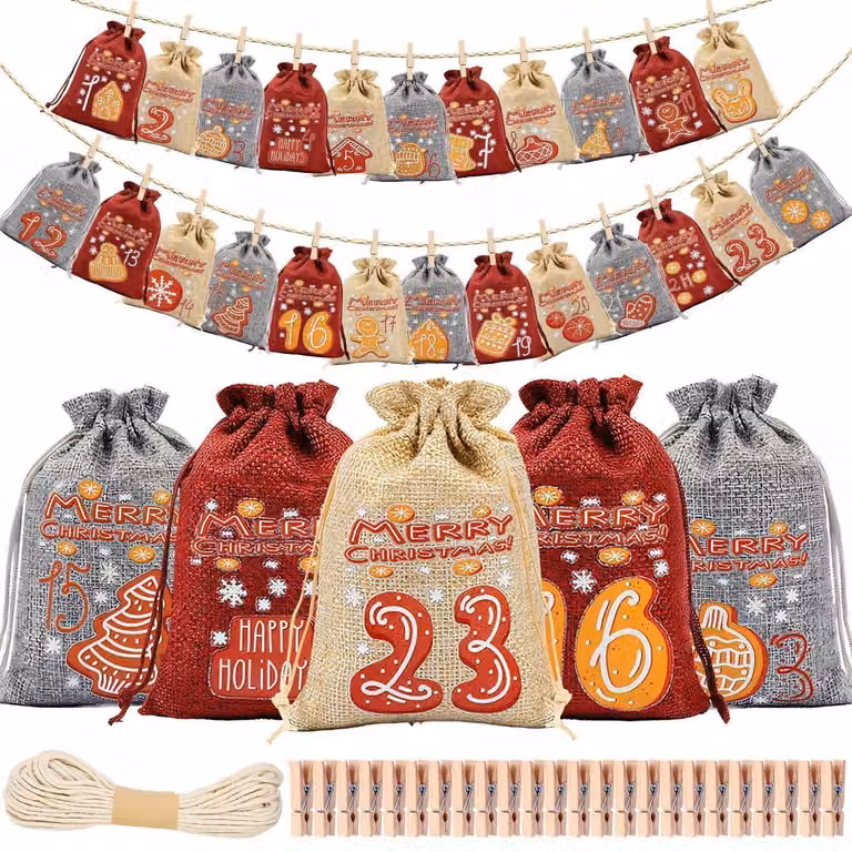 Calendario dell'Avvento in tessuto, riutilizzabile, per il 2026, per bambini, con 24 sacchetti e 24 graffette di legno, dimensioni 10x14 cm