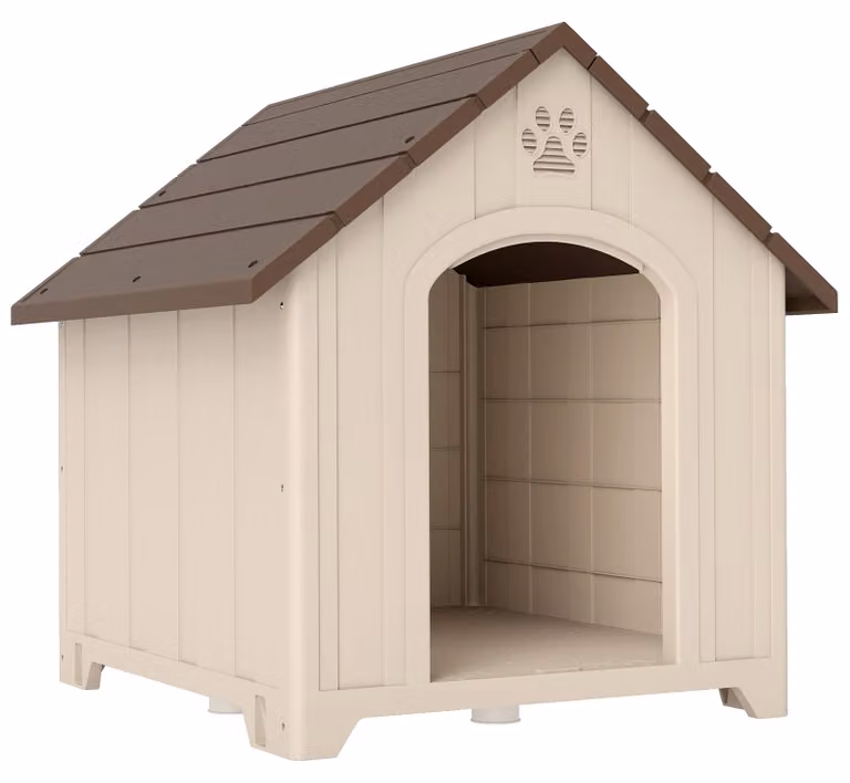 Cuccia per cani resistente alle intemperie, con fondo rialzato e tetto. Colore: beige. Dimensioni: 79x88x89 cm