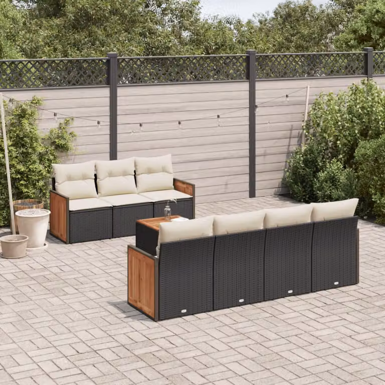 Set di divani da giardino vidaXL in polyrattan nero con 8 pezzi, include divano a 3 posti, poltrone lounge, tavolino da caffè e cuscini con rivestimenti rimovibili