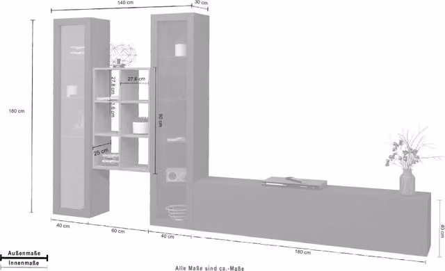 Parete attrezzata antracite moderna sospesa mobile TV libreria legno 2 vetrine Yves RT