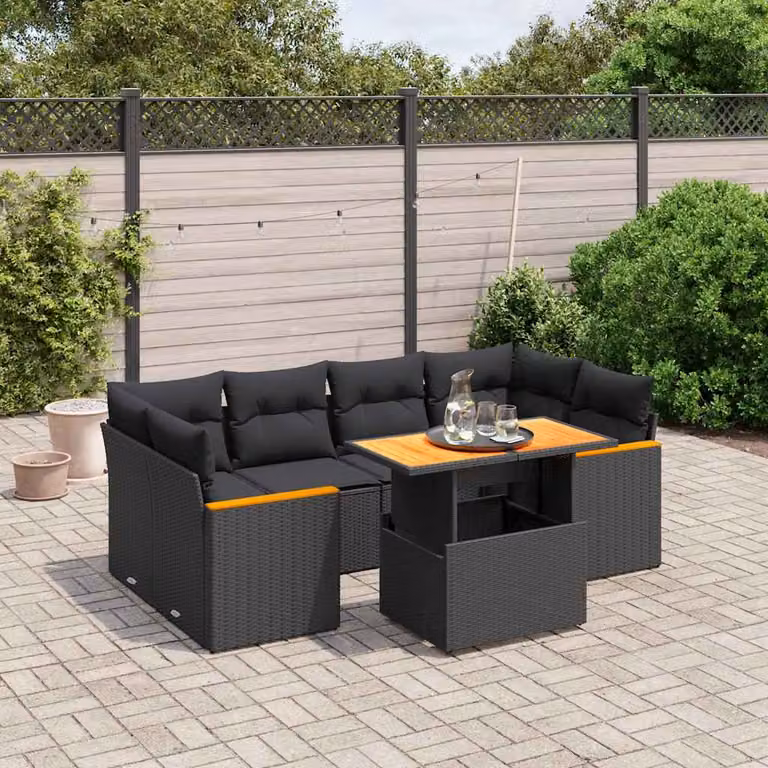 vidaXL Set Divani da Giardino a L con Cuscini 7pz in Polyrattan Nero e Legno di Acacia