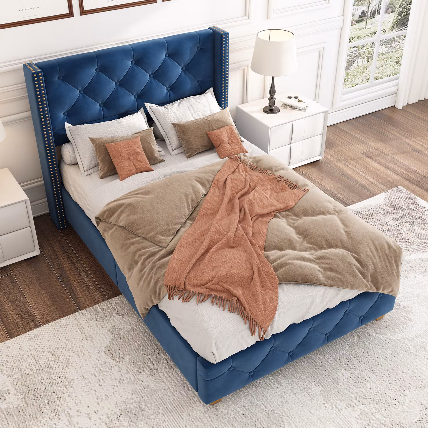 STILVORA Letto imbottito 90×200 cm Letto per ragazzi con struttura a bottoni e testiera, imbottitura in schiuma, velluto, senza materasso, blu