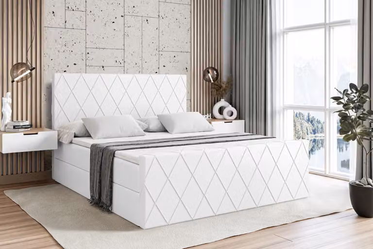 Letto boxspring ALTDECOR con pediera, materasso H3 e topper - 120x200 cm - LEPARO-Z - Pelle finta bianca - Letto imbottito con contenitore e rete a doghe, letto con spazio contenitivo