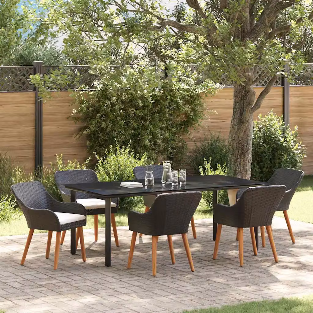Set da pranzo per giardino e terrazza vidaXL in polyrattan nero con tavolo in vetro e 7 pezzi – 1