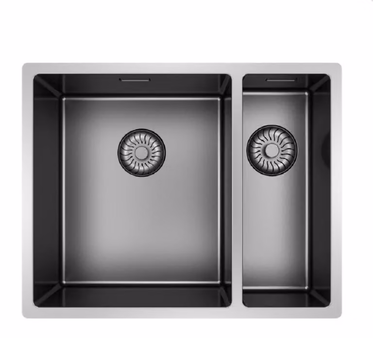 Lavello Caressi CAPP3415R10GM, da incasso/sotto piano, a filo piano (HPL). Lavello grande, con apertura a sinistra. Colore Gun Metal (PVD).