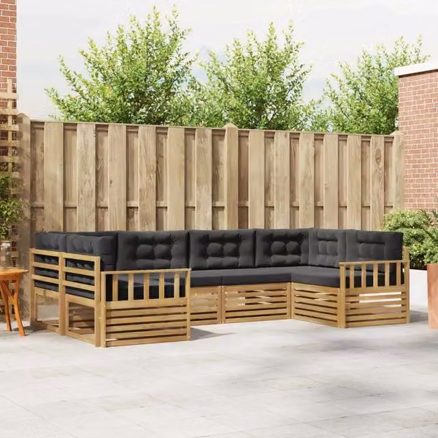 Set di divani da esterno a L vidaXL in legno di acacia con cuscini, Bianco e Antracite – 1