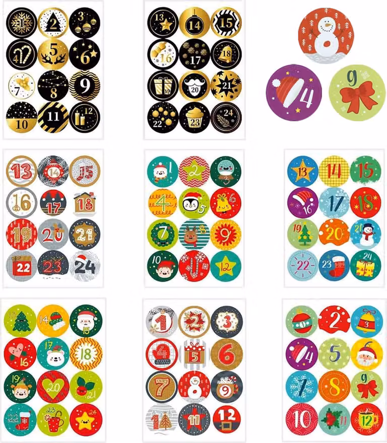Adesivi numerati per calendario dell'Avvento, 8 pezzi per confezione, forma rotonda, colore B