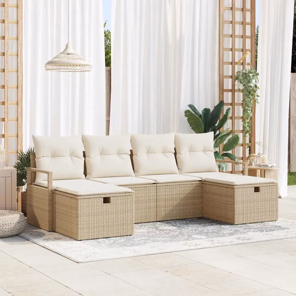 Set di divani da giardino vidaXL a forma di L in rattan beige con cuscini e pouf
