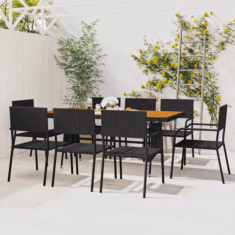 Set da pranzo per esterni vidaXL in polyrattan nero con tavolo in legno di acacia, 9 pezzi