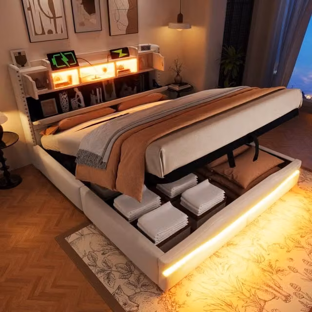 Letto imbottito beige 160x200 con contenitore idraulico e luci LED