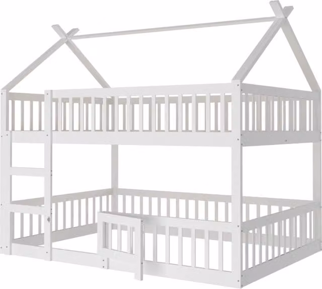 Letto a soppalco matrimoniale per bambini con struttura a casetta e scala integrata, colore bianco, L/P/H: 200 x 140 x 205 cm