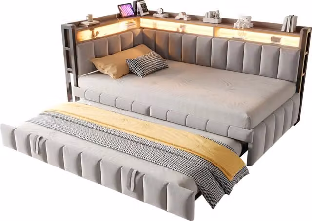 Divano letto estraibile 90x200 cm con LED; USB e USB-C in velluto grigio