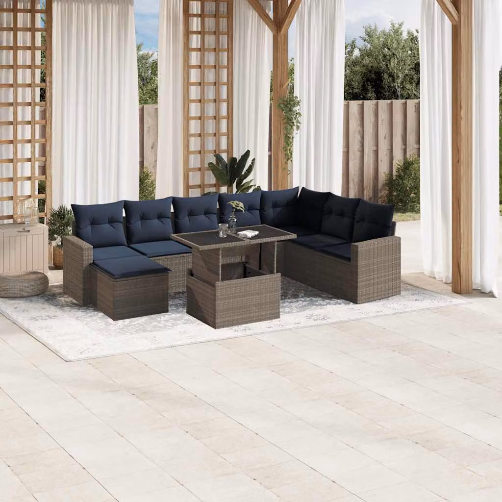 Set di divani da giardino vidaXL in polyrattan grigio con cuscini e tavolino da esterno a forma di U