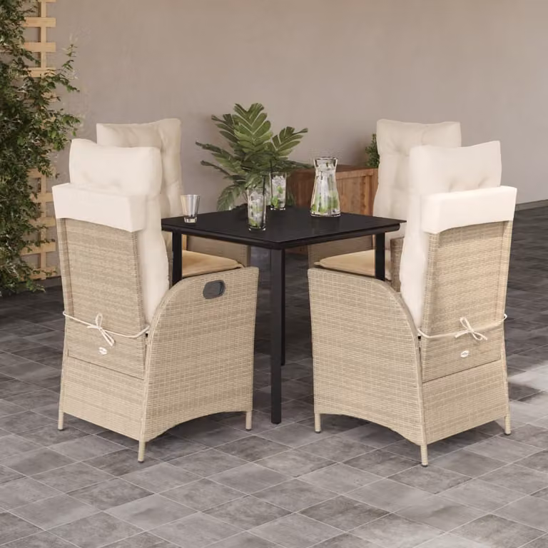 Set da Pranzo da Giardino vidaXL in Polyrattan con Cuscini Beige e Tavolo in Vetro 5 Pezzi