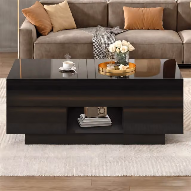 Tavolino da salotto sollevabile LED con 2 cassetti e vano nascosto per soggiorno, nero, 100 × 45 × 43 cm