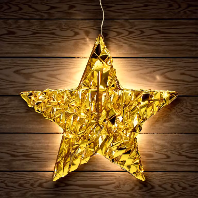 Stella illuminata 30 cm con nastro dorato intrecciato bianco caldo con timer - 40 LED - Stella di Natale decorativa da appendere a batteria