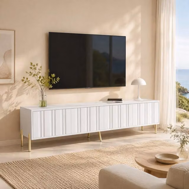 Mobile TV moderno REDOM bianco in MDF e pannello truciolare con 4 ante L: 190 cm, P: 38 cm, H: 48 cm